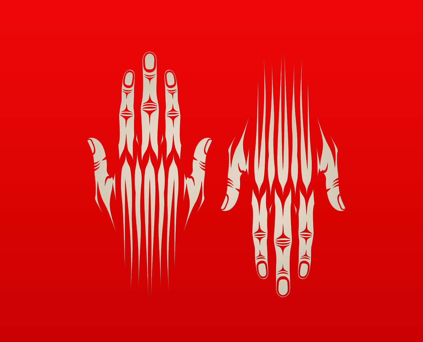 Two stylised hands in a kuji-in seal against a red field