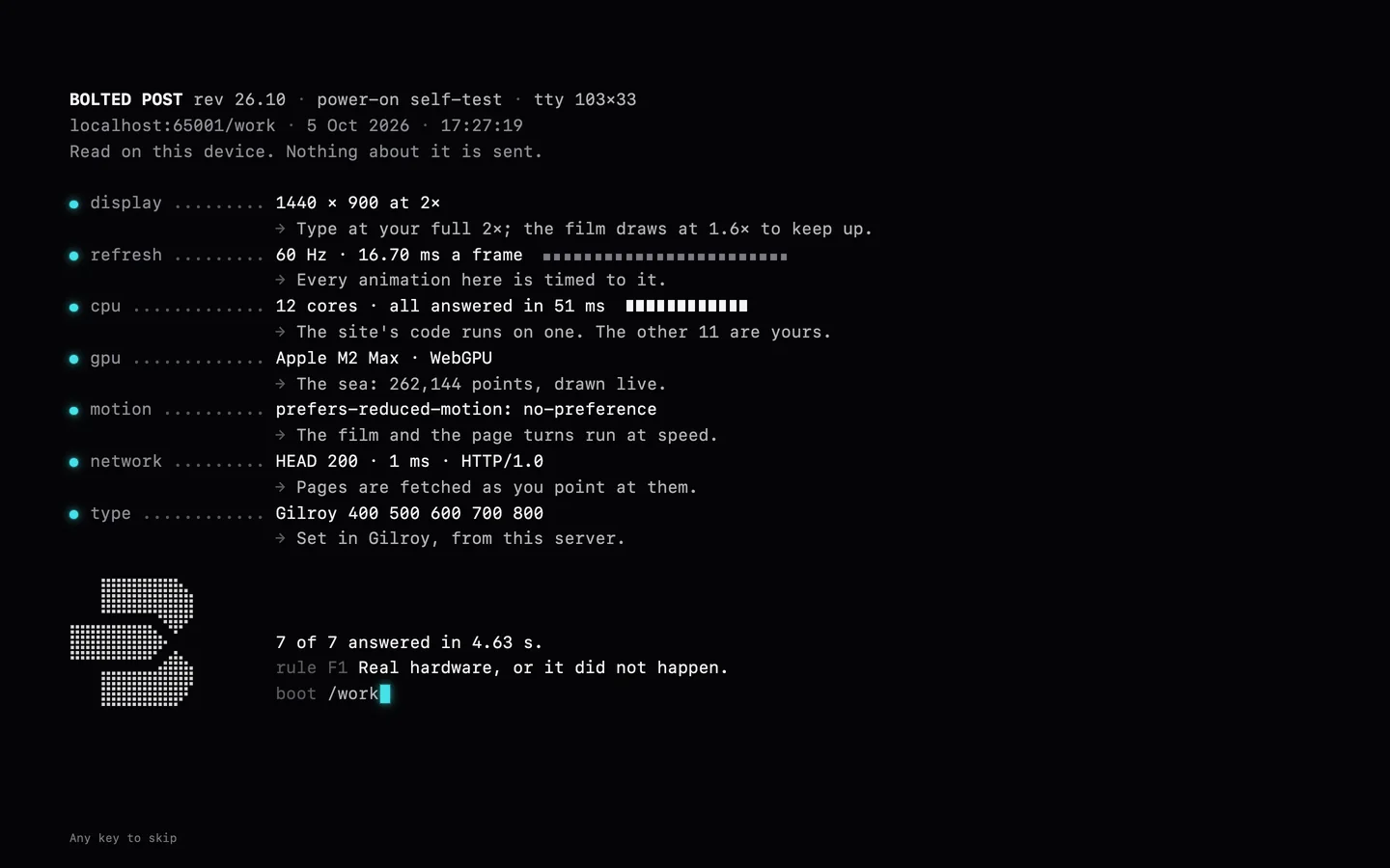 The terminal: a boot log of seven probes in a monospace font, the Bolted mark printed in dots, a cyan cursor after boot /work