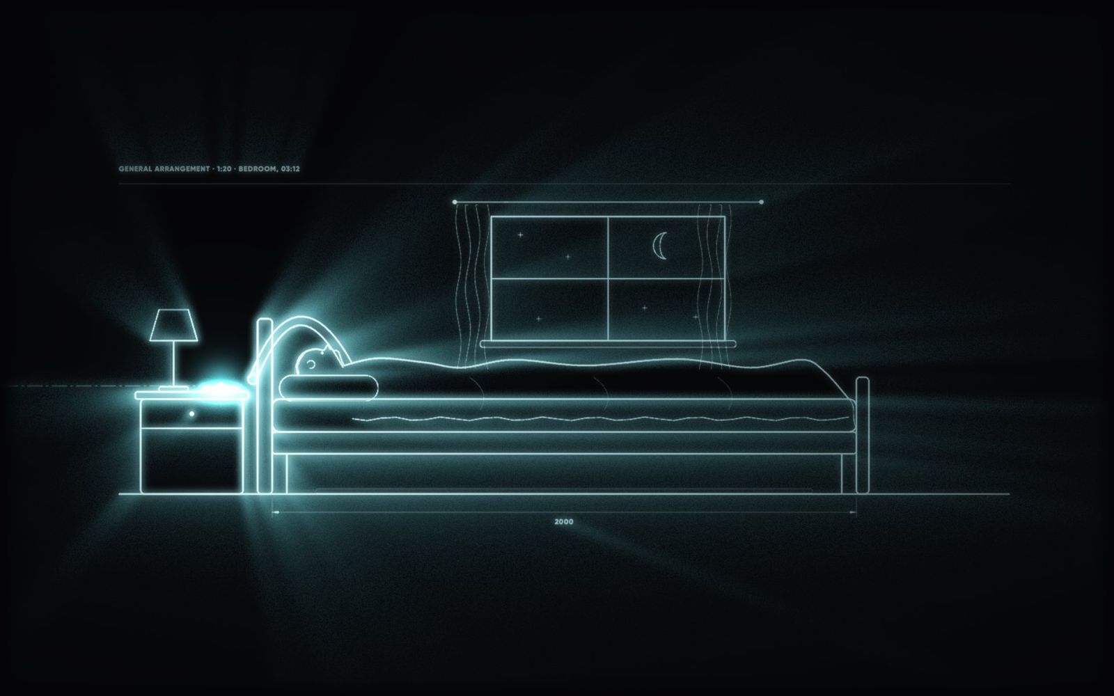 A bedroom drawn in light, lit only by the phone on the nightstand