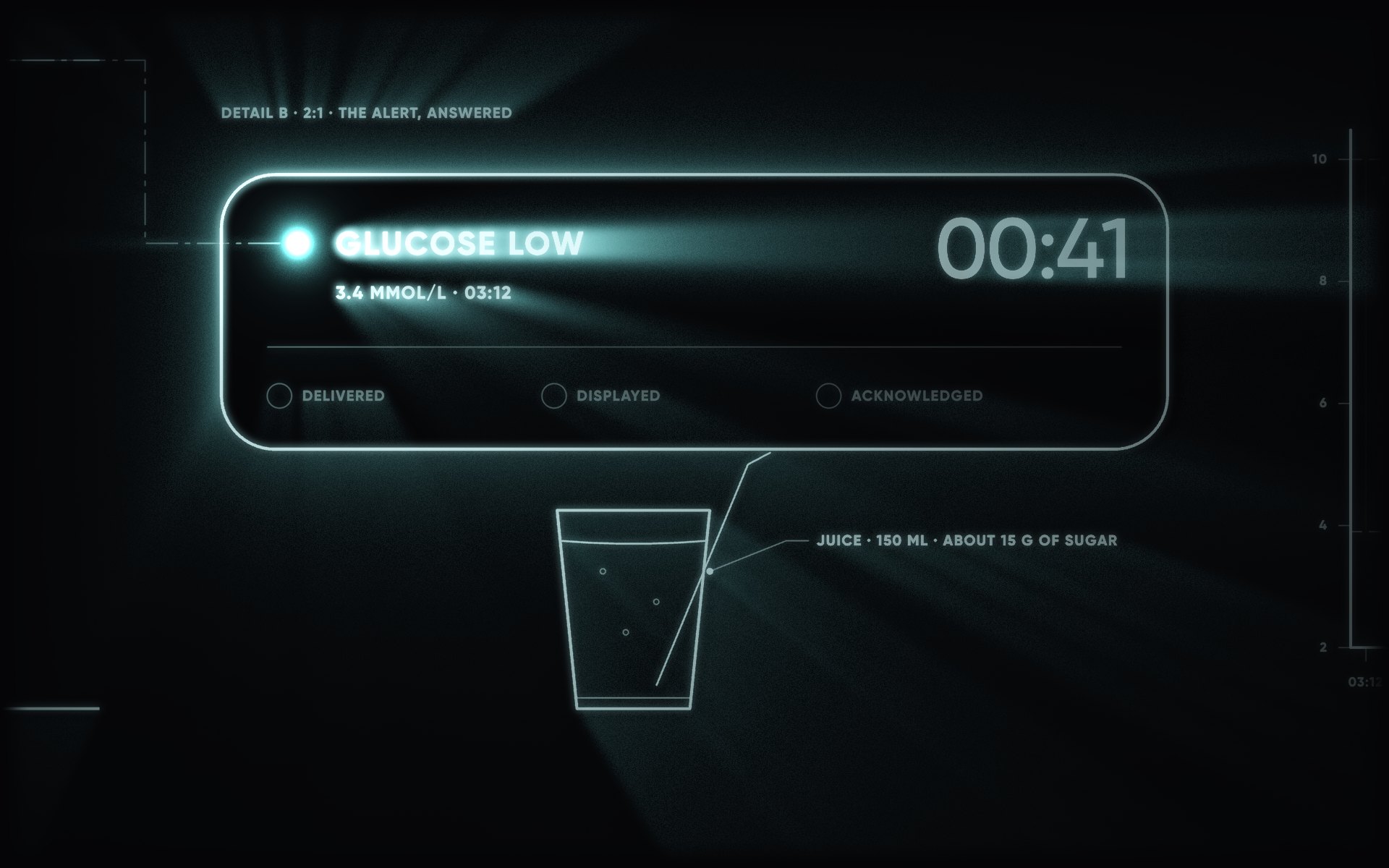 The alert at 00:41, and a glass of juice beside it