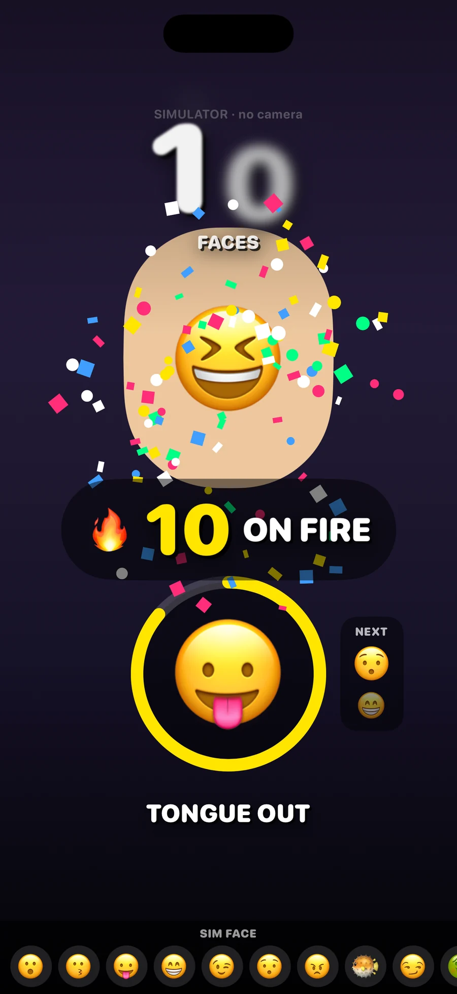 The first build: a run on fire at ten faces, on a dark purple ground