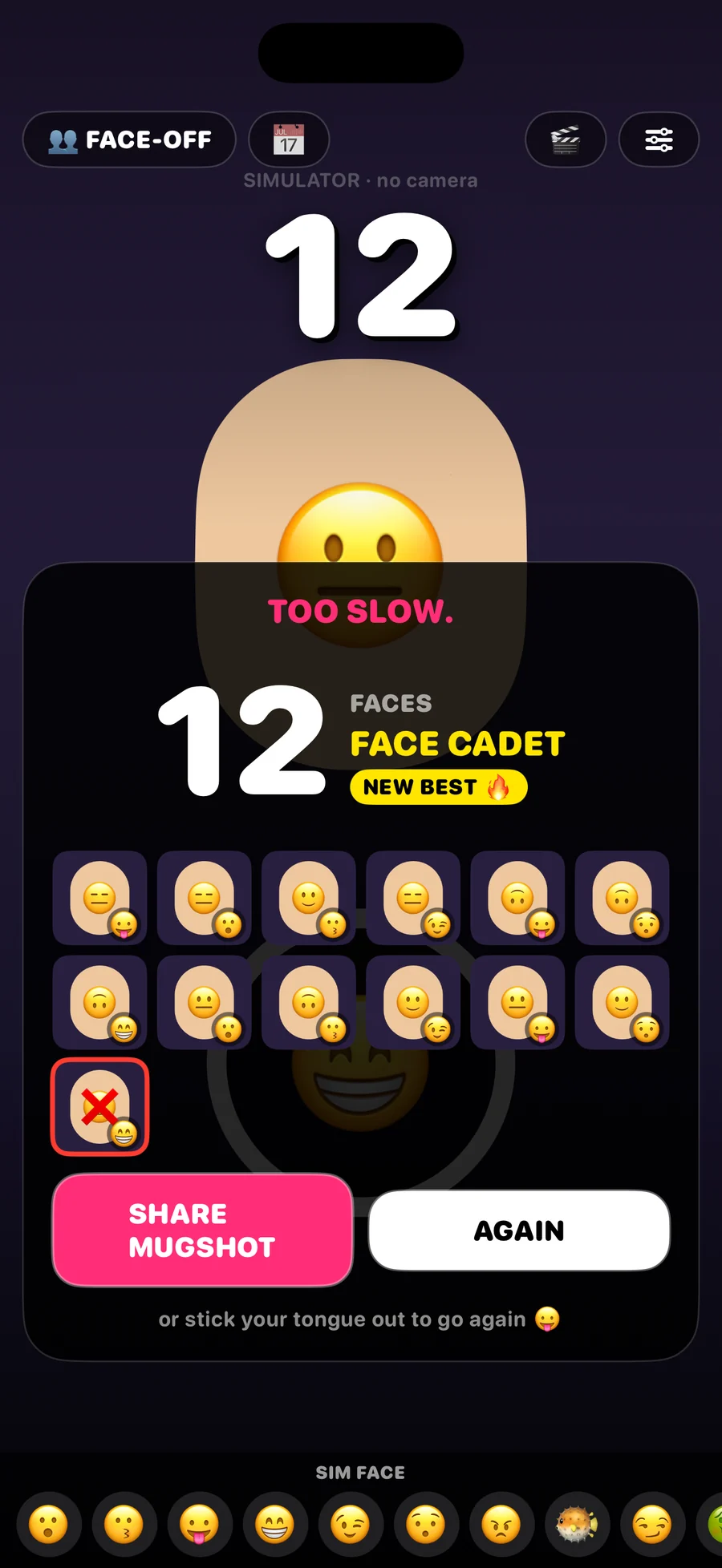 The first build’s results laid over the run: too slow, twelve faces, Face Cadet