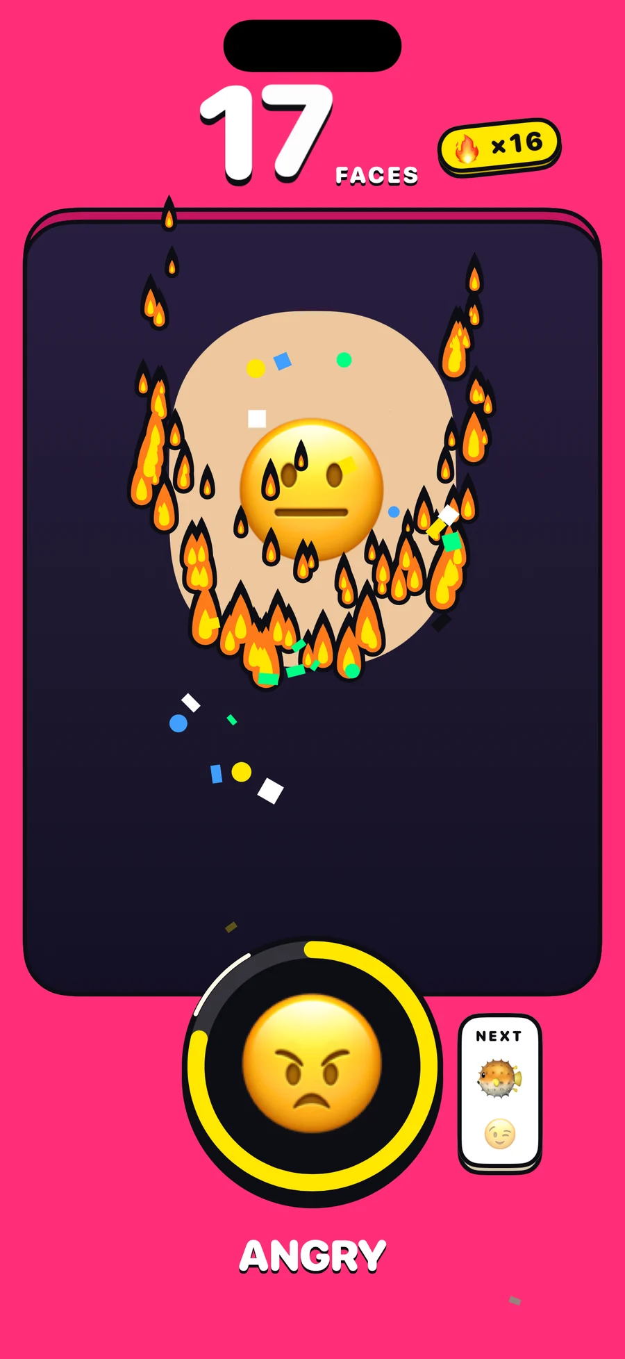 Mugio mid-run: seventeen faces, on fire