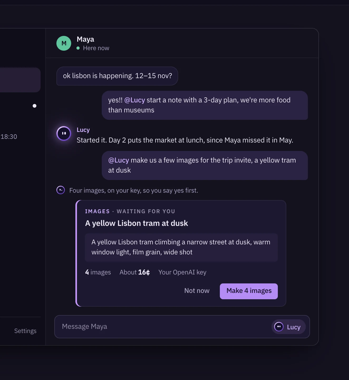 The room with Maya: the plan for Lisbon, a note Lucy started, and four images waiting for approval at about 16 cents on the asker’s own key