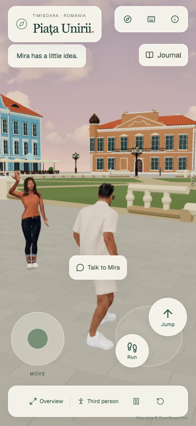 Piața Unirii on a phone: Mira and a visitor on the square at dusk, a thumbstick at the bottom left and a Talk to Mira button