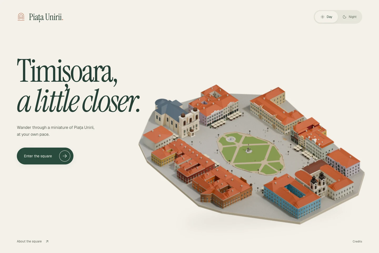 The landing page: Timișoara, a little closer, beside the miniature, with an Enter the square button
