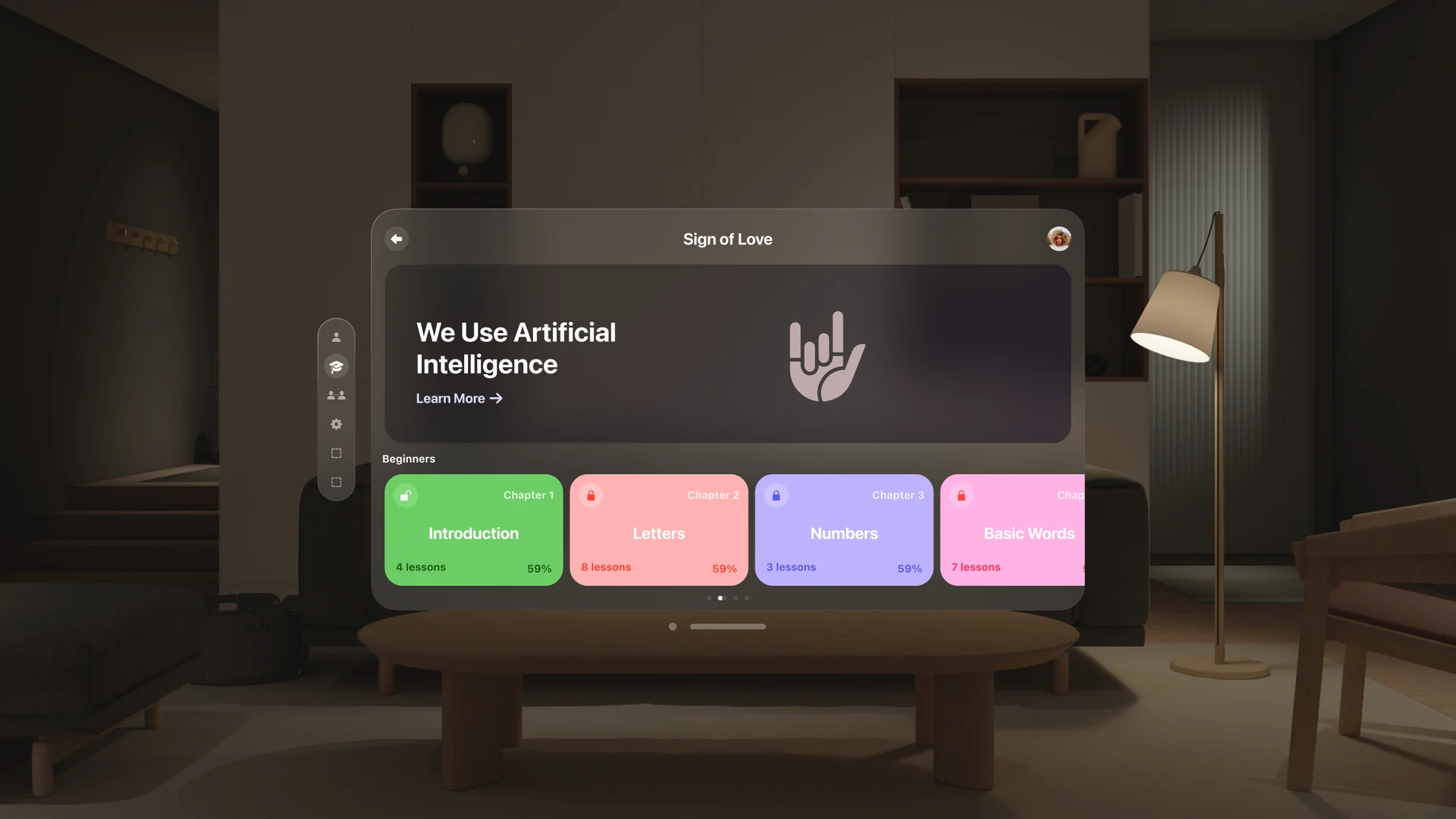 Sign of Love’s home screen floating in a living room on Apple Vision Pro: a welcome card and four chapters, Introduction, Letters, Numbers and Basic Words
