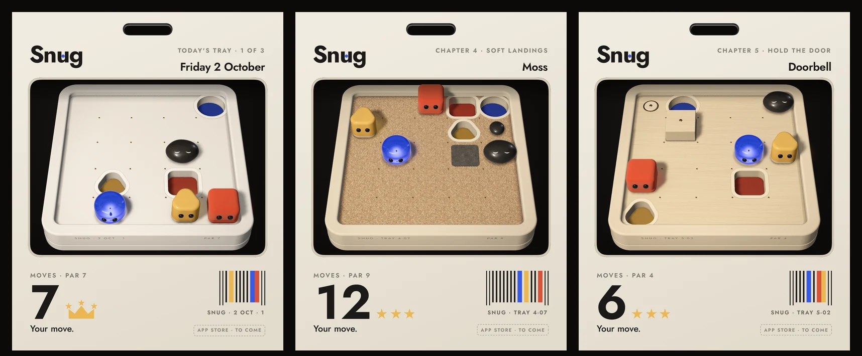 Three Snug share cards: today’s tray solved at par with the crown, Moss on cork in twelve moves, and Doorbell on beech in six, each with its moves, par and a barcode of the solve