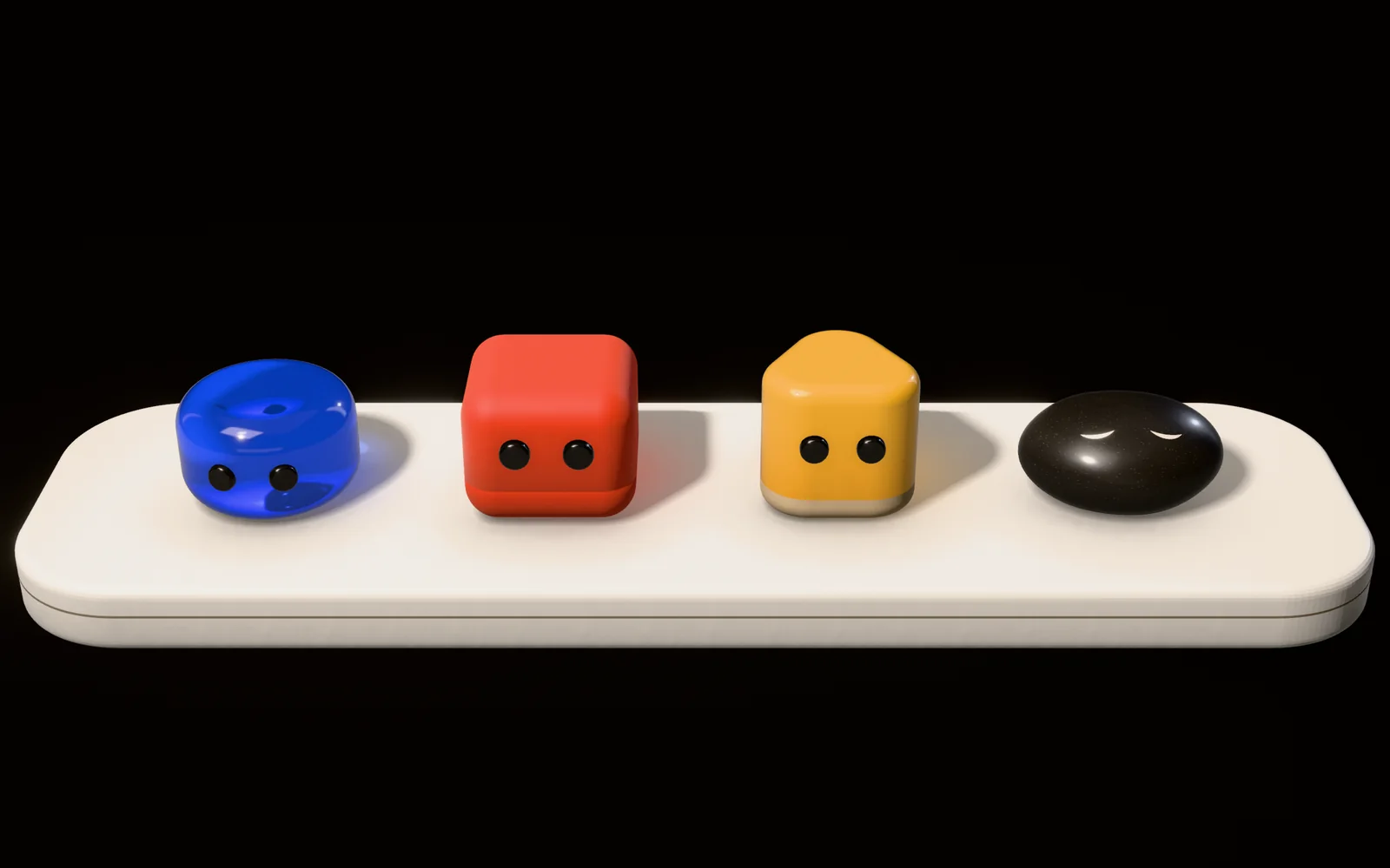 Snug's cast on a paper tray: Oli in cobalt glass, Bix in vermilion rubber, Pik in marigold lacquer and Nap in basalt