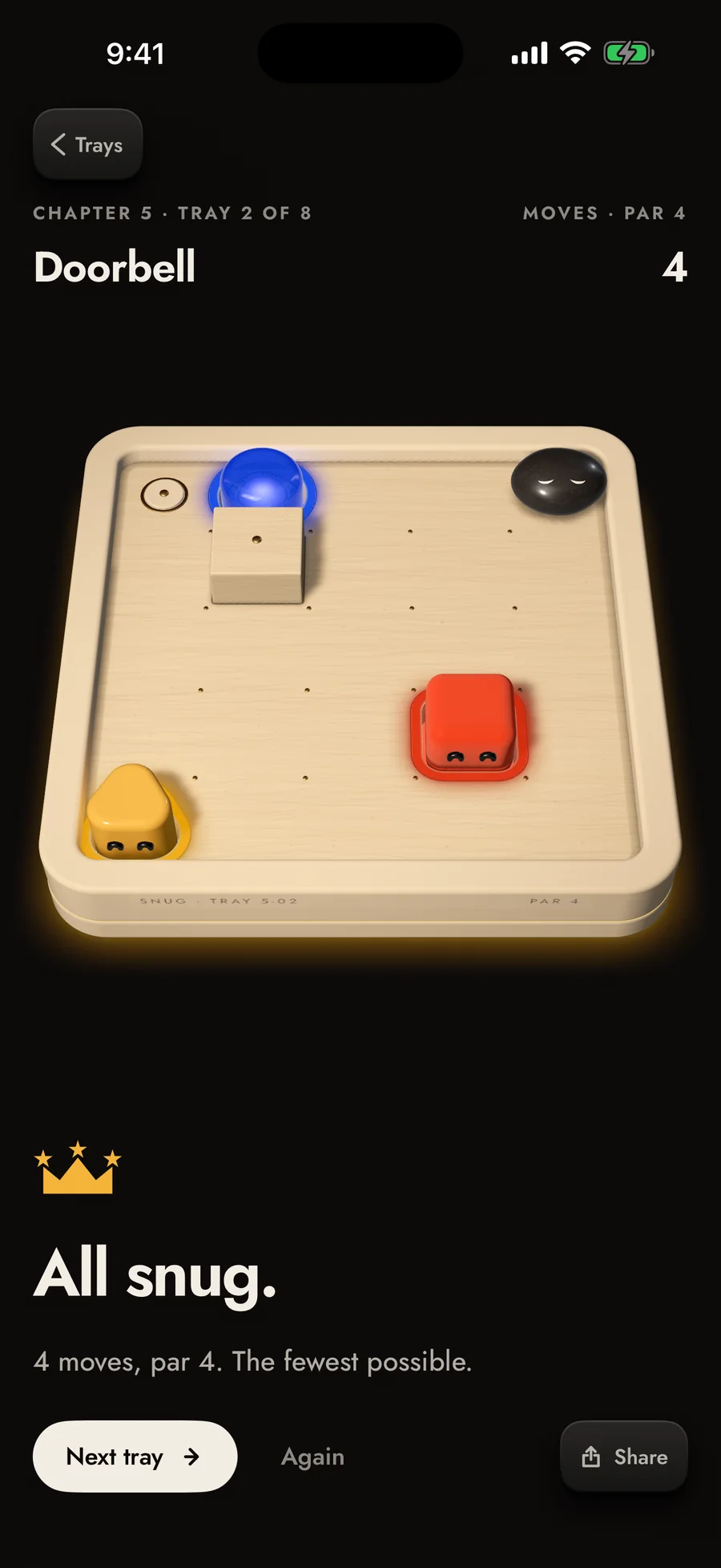Snug: a tray solved at par, All snug, with a gold crown