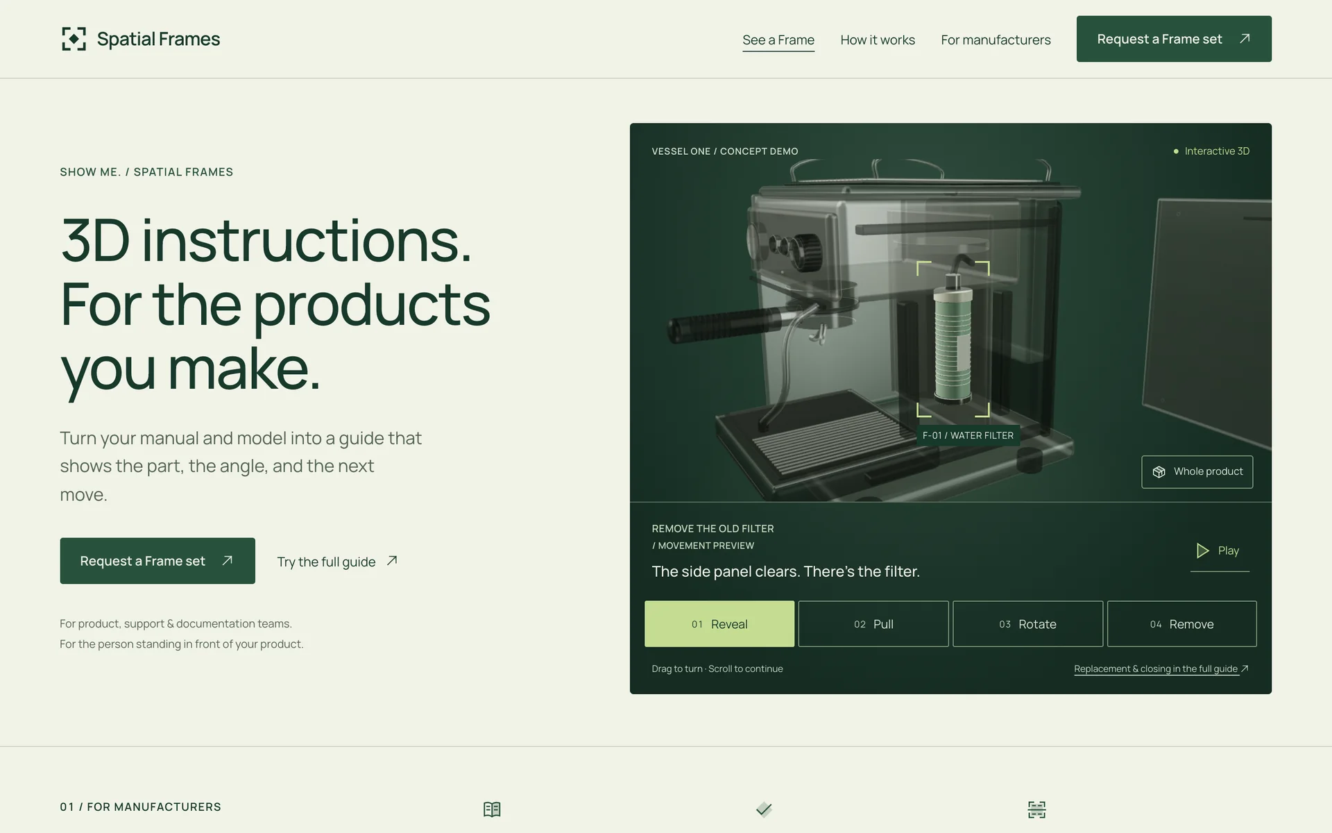 Spatial Frames' site: 3D instructions for the products you make, beside an espresso machine opened up in 3D
